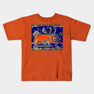 WEIRD MEDIEVAL BESTIARY MAKING MUSIC, Three Owls And Night Concert of Rabbits in Orange Blue Kids T-Shirt